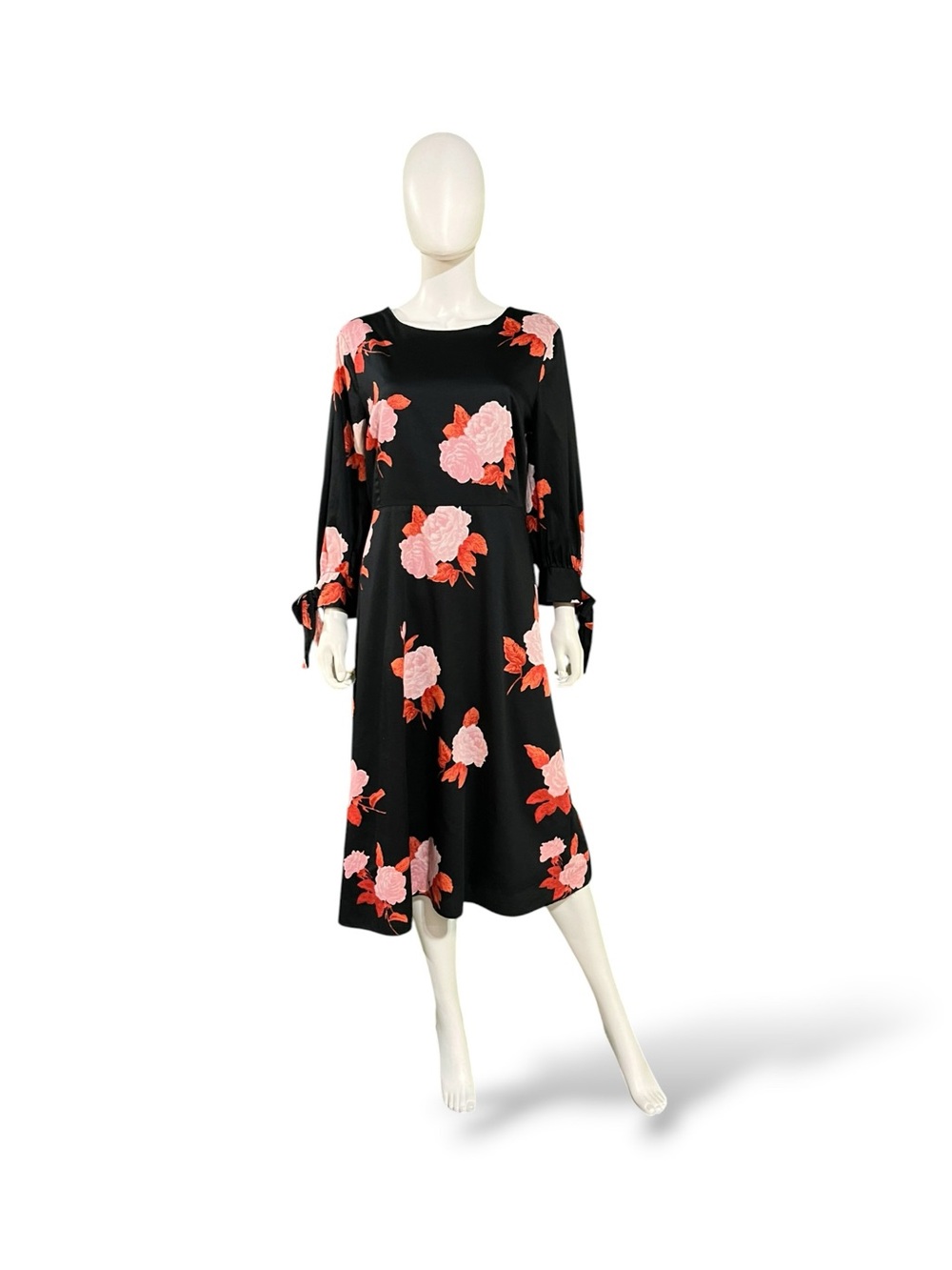 WHO WHAT WEAR Black Floral A-Line Midi Dress Round Neck Tie Cuffs, Large